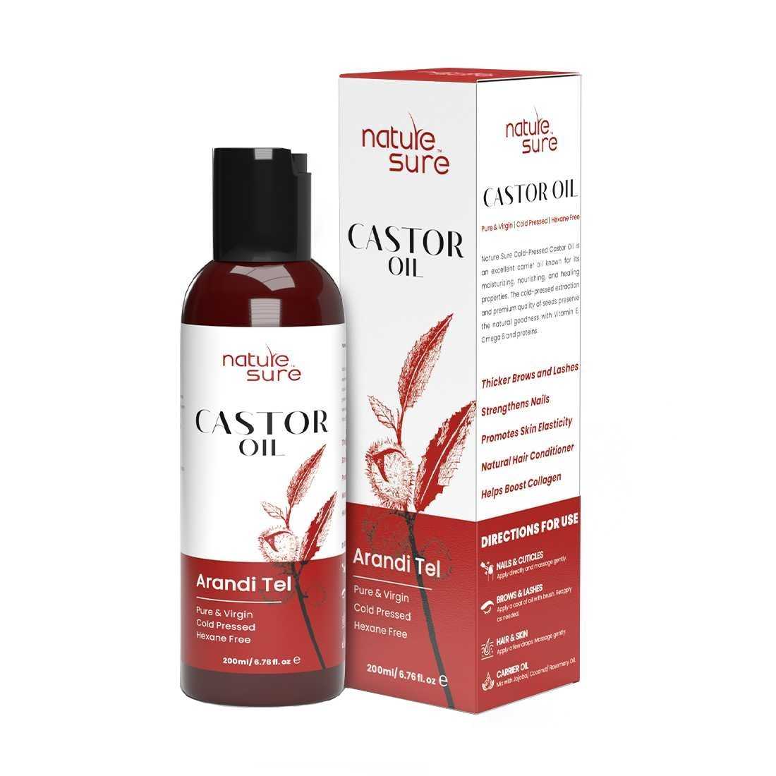 Nature Sure Castor Oil Arandi Tel for Brows, Lashes and Nails, Hexane Free, Virgin, Cold-Pressed, IP-Grade - 200ml