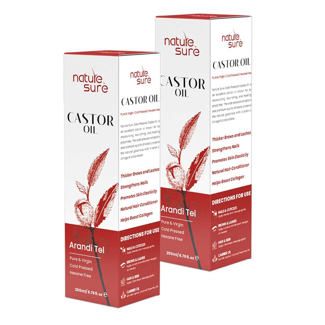 Nature Sure Castor Oil Arandi Tel for Brows, Lashes and Nails, Hexane Free, Virgin, Cold-Pressed, IP-Grade - 200ml