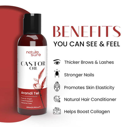 Nature Sure Castor Oil Arandi Tel for Brows, Lashes and Nails, Hexane Free, Virgin, Cold-Pressed, IP-Grade - 200ml