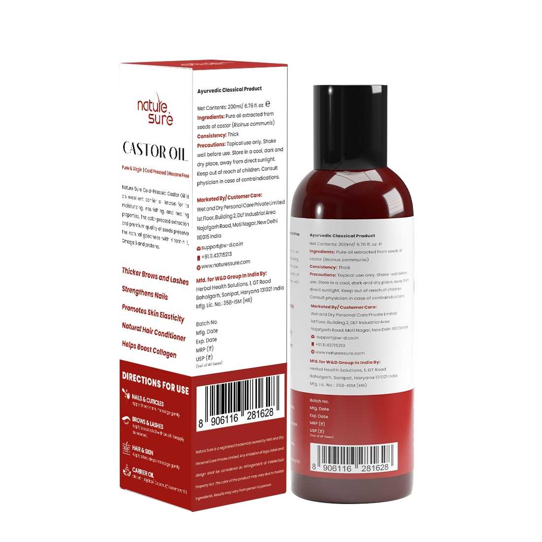 Nature Sure Castor Oil Arandi Tel for Brows, Lashes and Nails, Hexane Free, Virgin, Cold-Pressed, IP-Grade - 200ml