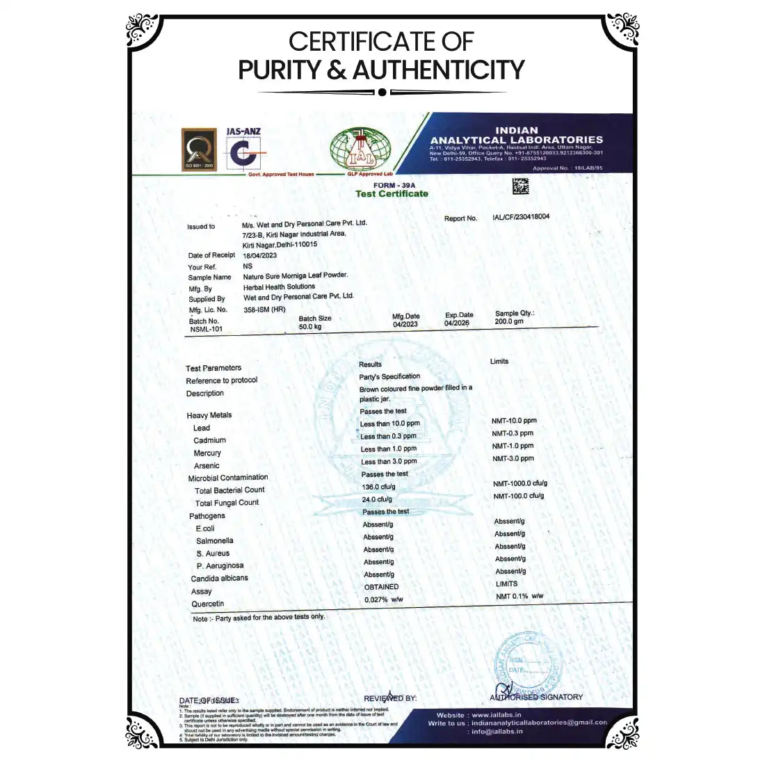 Nature Sure Moringa Leaf Atta Mix Powder for Iron and Calcium Deficiency - 200g